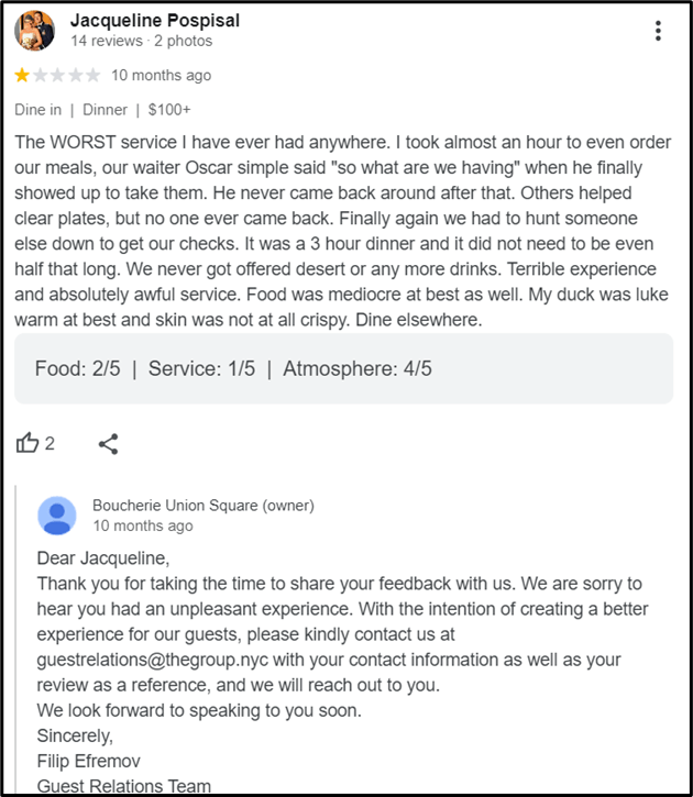 A screenshot of Boucherie Union Square’s response to a negative review by a diner 