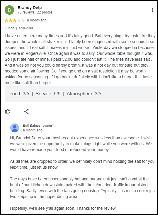  Bull Babies response on Google reviews demonstrating how to respond to bad restaurant reviews 