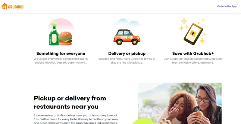 Grubhub features showing how to start a food delivery service in a small town: wide menu, flexible options, and savings