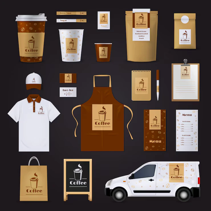 Coffee shop branding and restaurant marketing strategies showcased through cohesive merchandise, packaging, etc