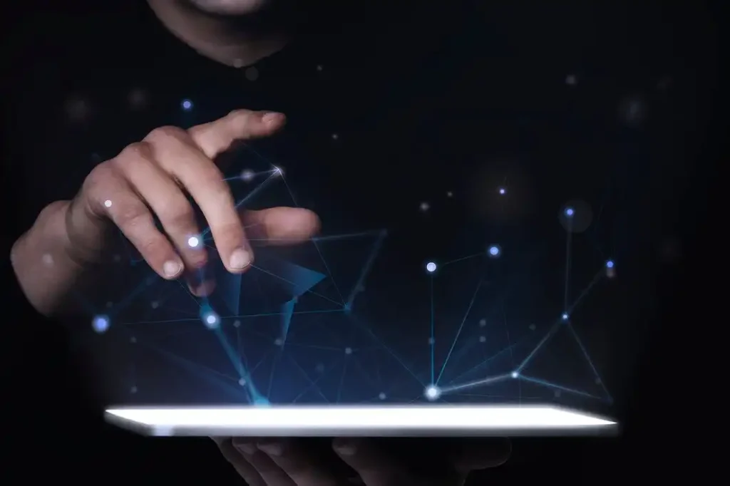 Hand interacting with digital network visualization on tablet illustrating restaurant Marketing ideas and trends in action