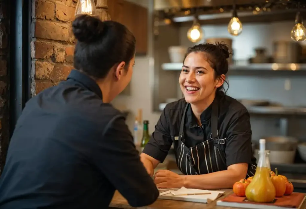 Restaurant staff member in striped apron chats warmly with a professional chef at rustic counter adorned with autumn gourds.