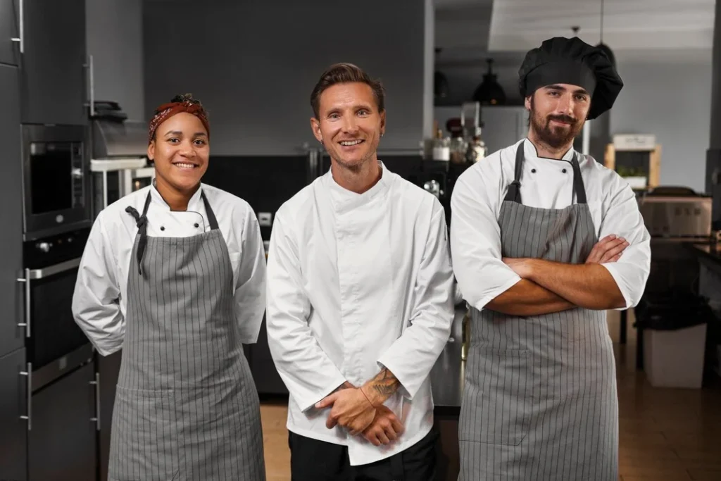 Three confident restaurant staff members in kitchen uniforms - a sous chef and two line cooks wearing gray striped aprons